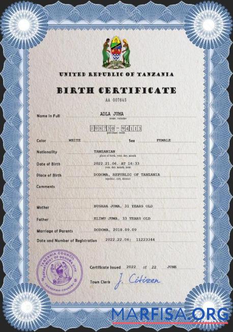 Realistic Tanzania birth certificate PSD template